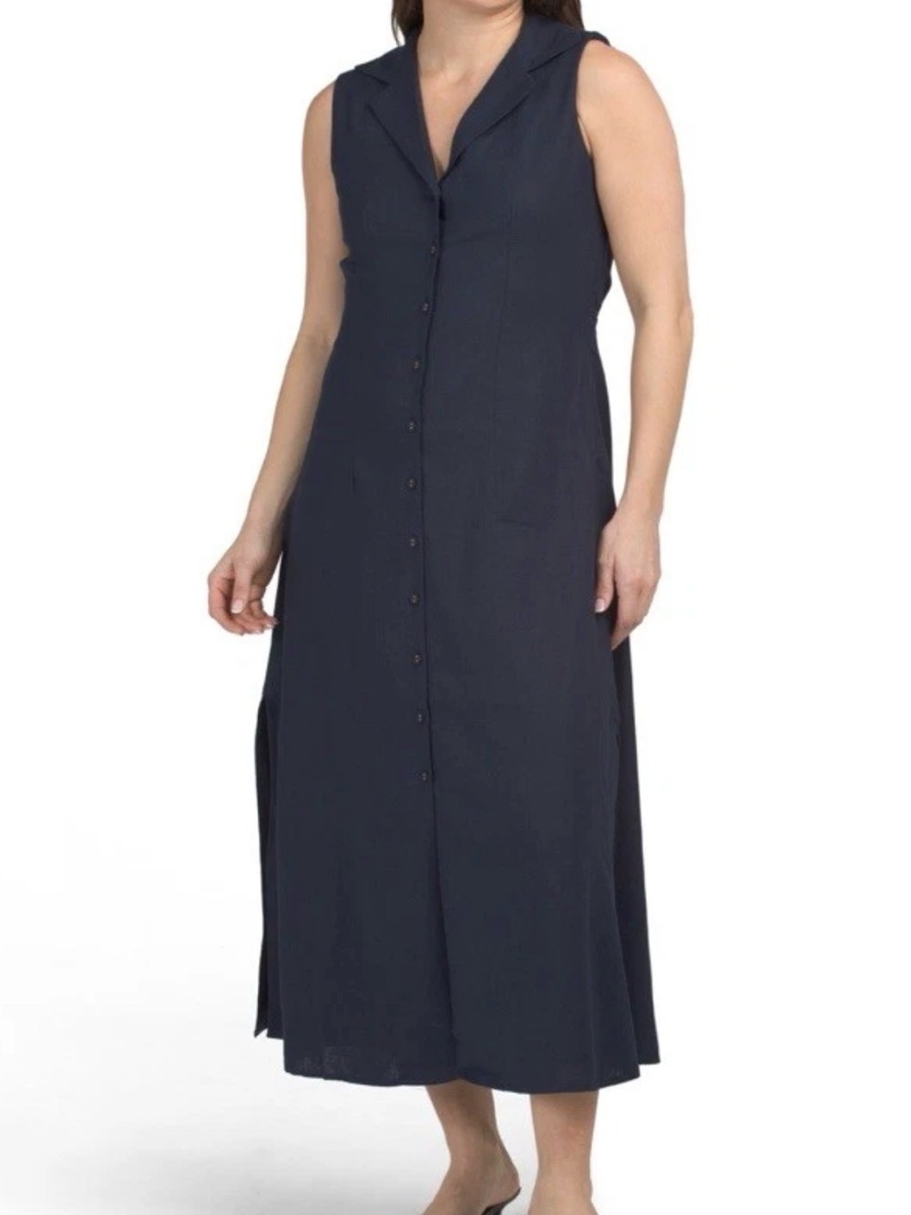 Magaschoni Med Blue Sleeveless Button-Front Linen Maxi Dress Minimalist Coastal
